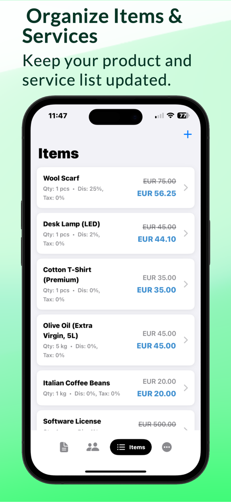 Invoice Maker Billing Manager - Pantalla de la aplicación móvil que muestra una lista de productos y servicios con precios y descuentos para facturación