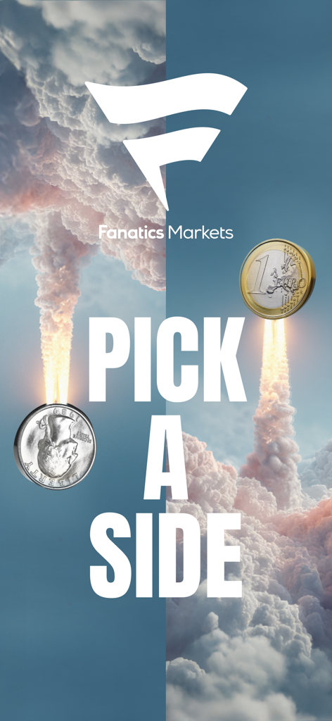 Fanatics Markets: Trade Sports - Fanatics Markets app promotional screen with the text Pick a Side and coins launching like rockets