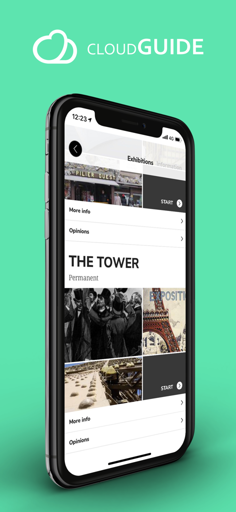 CloudGuide - CloudGuide app displaying an exhibition guide for the Eiffel Tower with multimedia options.