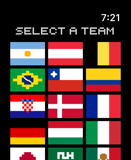 Team-Auswahlbildschirm mit pixeligen Nationalflaggen in Soccer Arcade für Apple Watch.