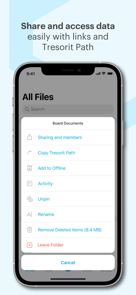 Tresorit app interface showing secure file sharing and folder management settings on iPhone