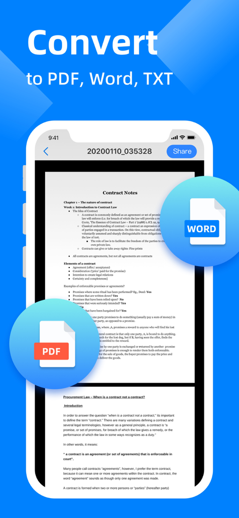 DR Scanner - PDF Scanner - A mobile interface of DR Scanner app showing a scanned document being converted to PDF and Word formats