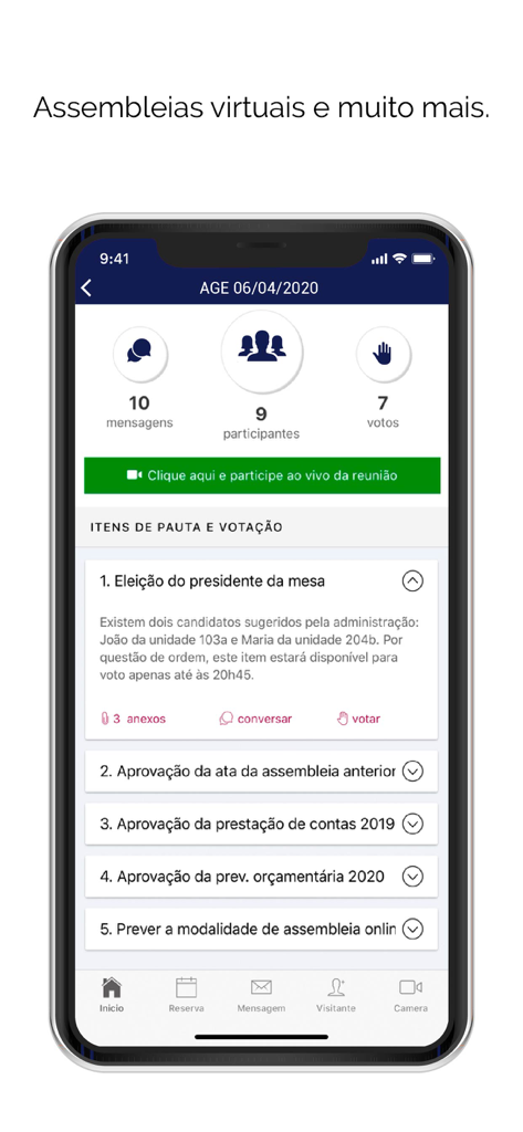 Prop Starter Online - Prop Starter Online app screen showing virtual assembly meeting details and a voting agenda for condo residents.