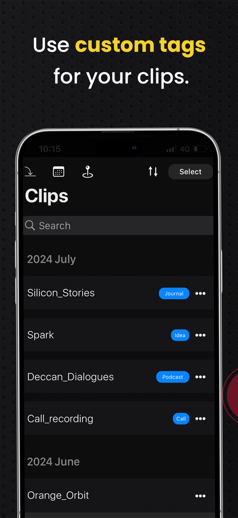 AudiOn: Voice Recorder & Memos - Interface de l'application AudiOn montrant une liste de clips audio organisés avec des étiquettes personnalisées comme Journal, Idée et Podcast.