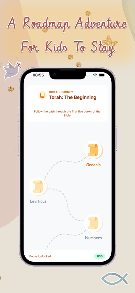 Interface de l'application BibleChatKids affichant une feuille de route d'histoires bibliques pour enfants.