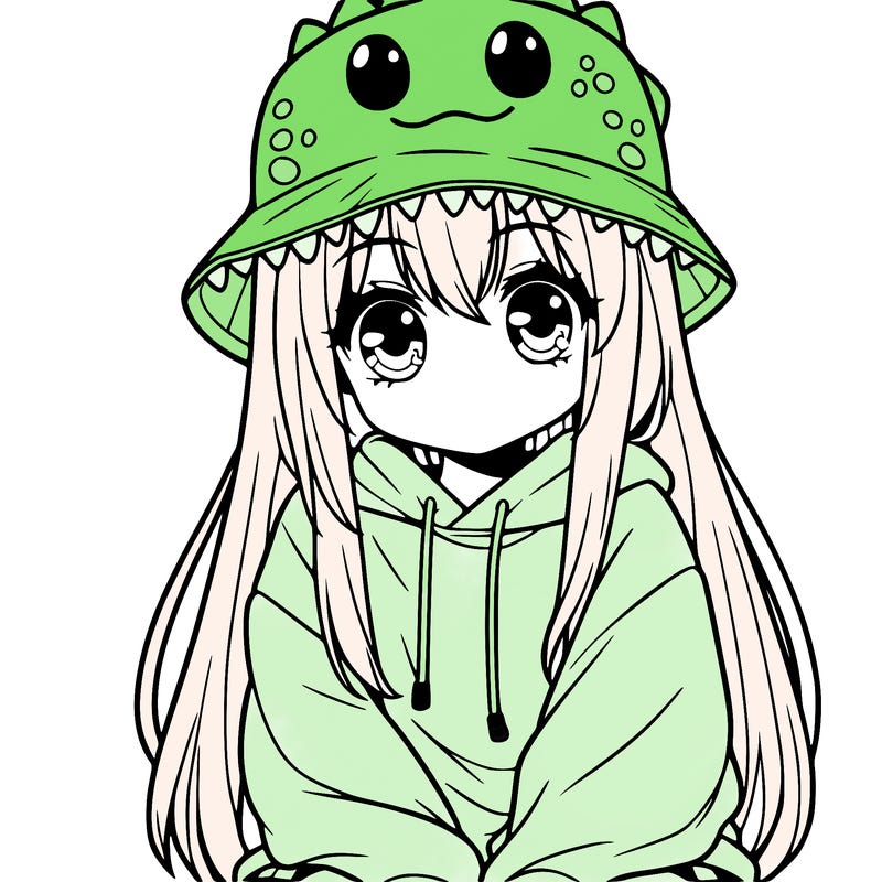 girl with anime shaped eyes with a dinosaur bucket hat oversized sweatshirt long straight hair