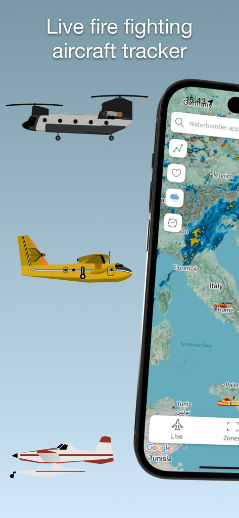 Waterbomber Wildfire Tracker App-Oberfläche mit einer Live-Radar-Karte zur Verfolgung von Löschflugzeugen