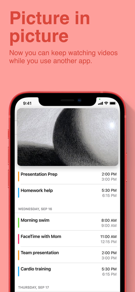 Mandala Art - Draw & Learn - Una pantalla de smartphone mostrando la función de imagen en imagen con un video de dibujo de mandala flotando sobre un calendario.