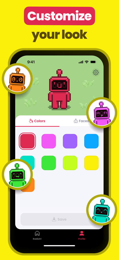 Radioh! - Walkie Talkie Radio - A screen showing how to customize a pixelated robot avatar with different colors and faces in the Radioh app