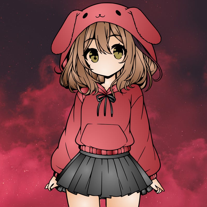 pretty anime girl wearing a fluffy hoodie with bunny ears on the hood and a skirt