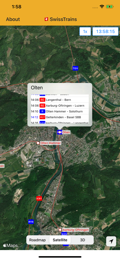 SwissTrains - SwissTrains app satellite map showing real-time train departures from Olten station
