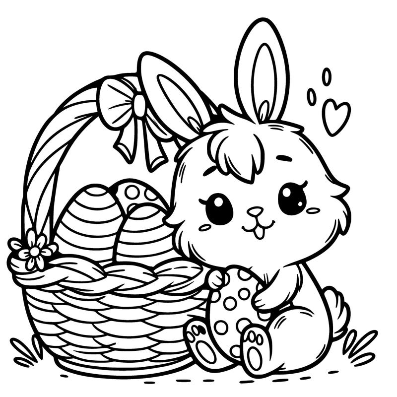 cute easter bunny in a basket with easter eggs