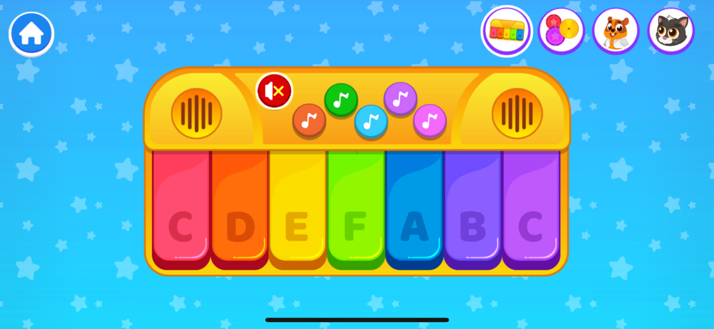 Un piano de juguete digital colorido con notas musicales etiquetadas para niños pequeños y preescolares en la aplicación KoKids