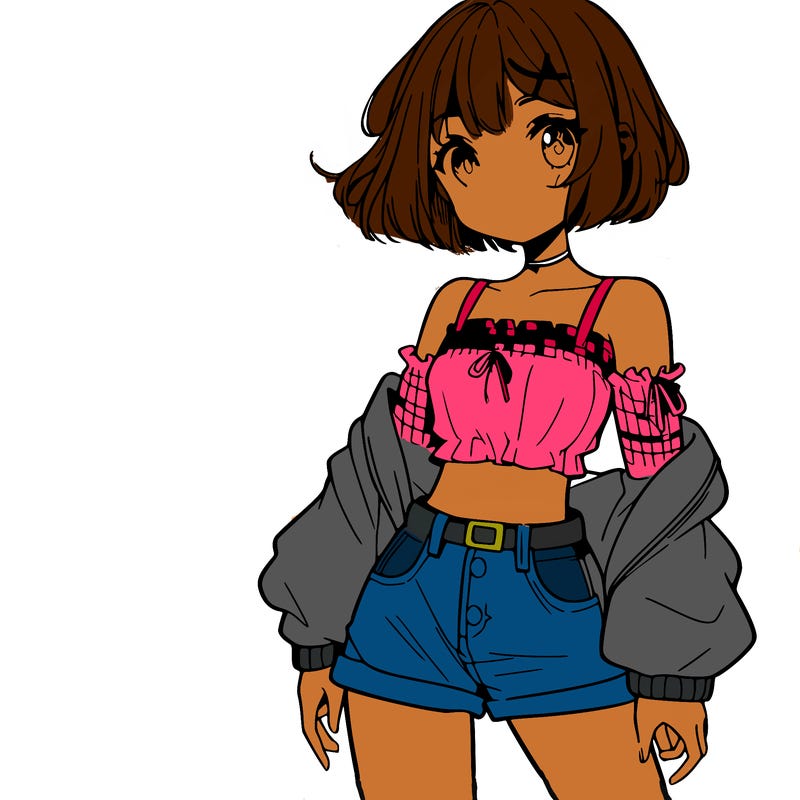 anime girl with mini shorts and a crop top and short hair