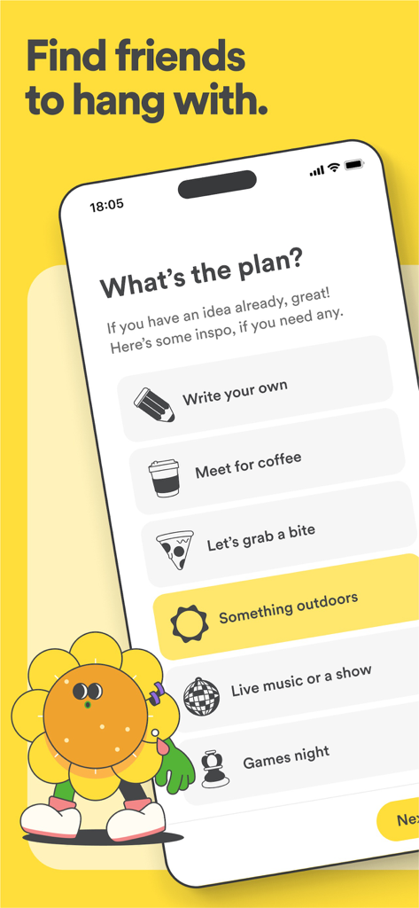 Interfaz de la aplicación Bumble For Friends que muestra opciones de actividad para planificar un encuentro con nuevos amigos.