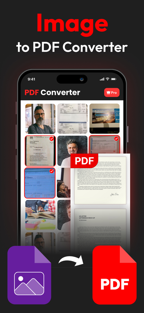 モバイルアプリのインターフェース。プロフェッショナルなPDFドキュメントに変換されている写真の選択が表示されています。