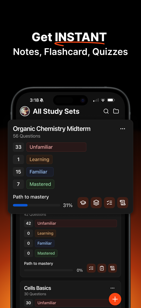 Studley AI mobile app interface showing study sets with progress tracking and learning mastery levels