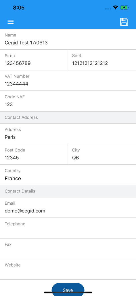 Cash Manager - Un écran d'application mobile montrant un formulaire d'informations de contact d'entreprise avec des champs pour le nom de l'entreprise, l'adresse et les numéros d'identification fiscale