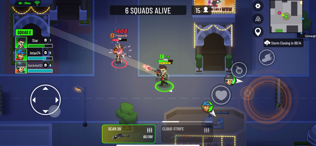 Battle Stars: 4v4 TDM & BR - Draufsicht auf das Gameplay des Battle Stars Helden-Shooters, die Charaktere in einem Waffengefecht mit Bildschirmsteuerung und Squad-Benutzeroberfläche zeigt.