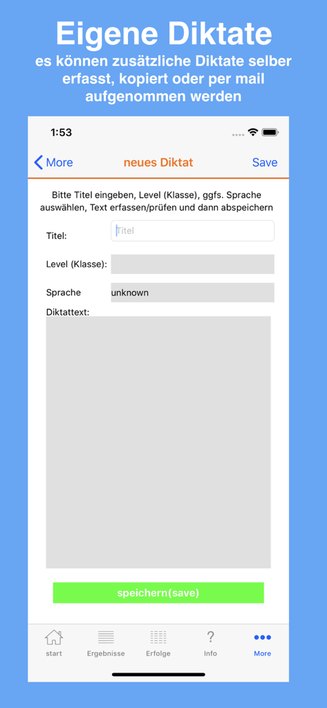 Interface for creating a custom dictation with title, level, and text fields.