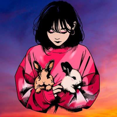 realistic girl with messy bunny baggy sweatshirt and holding bunnies
