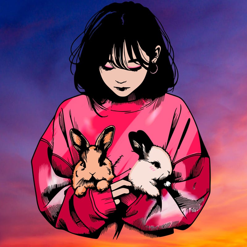 realistic girl with messy bunny baggy sweatshirt and holding bunnies