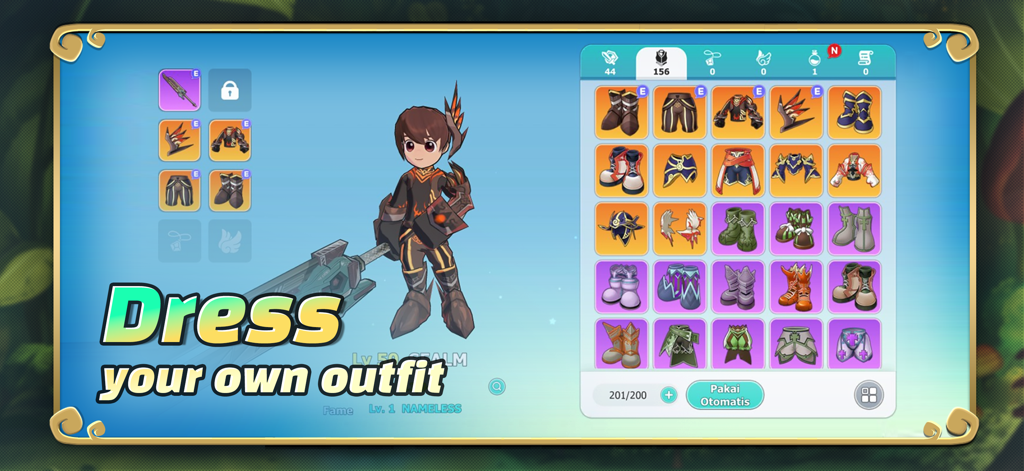 Pantalla de personalización de personajes en SealM on CROSS mostrando una gran variedad de atuendos y armaduras para un personaje de anime