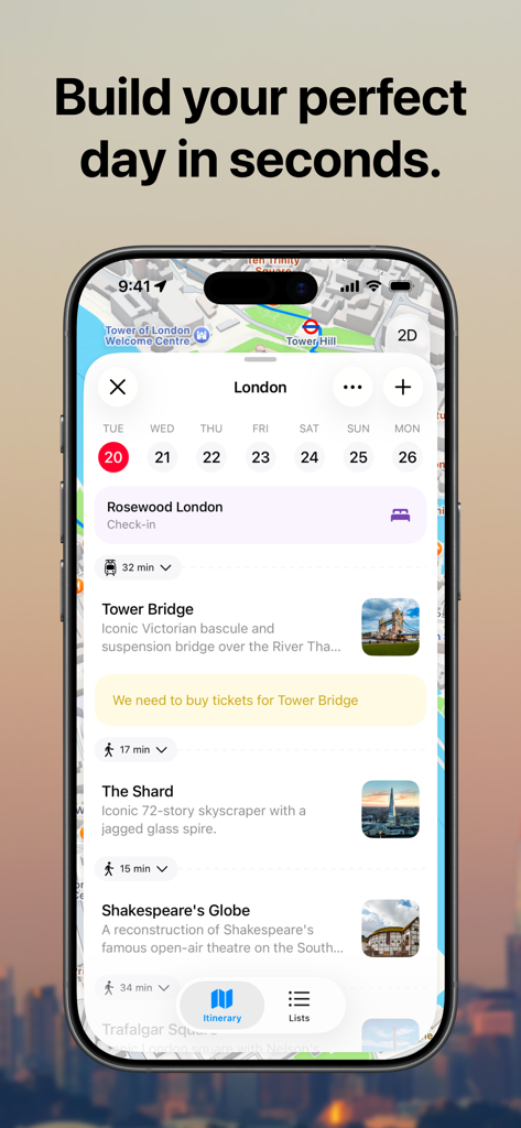 A mobile interface of the ikisaki app displaying a daily travel itinerary for London with landmarks and transit times.