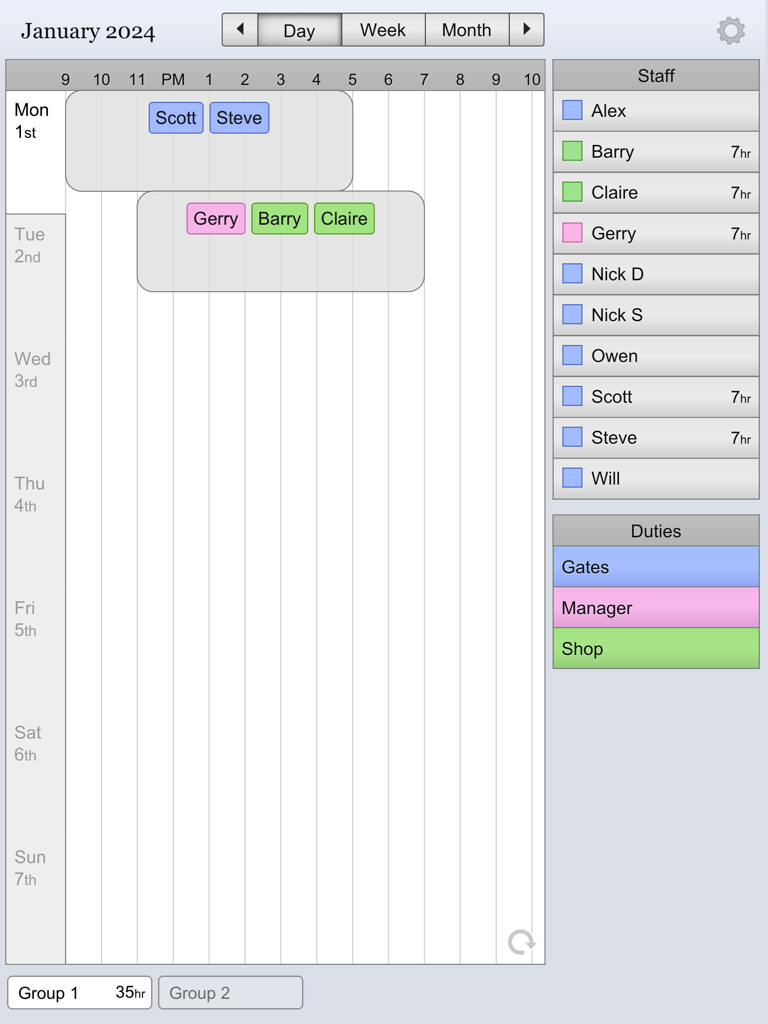 iPad screenshot of the Shifty app showing a daily staff schedule with drag and drop shifts for various duties
