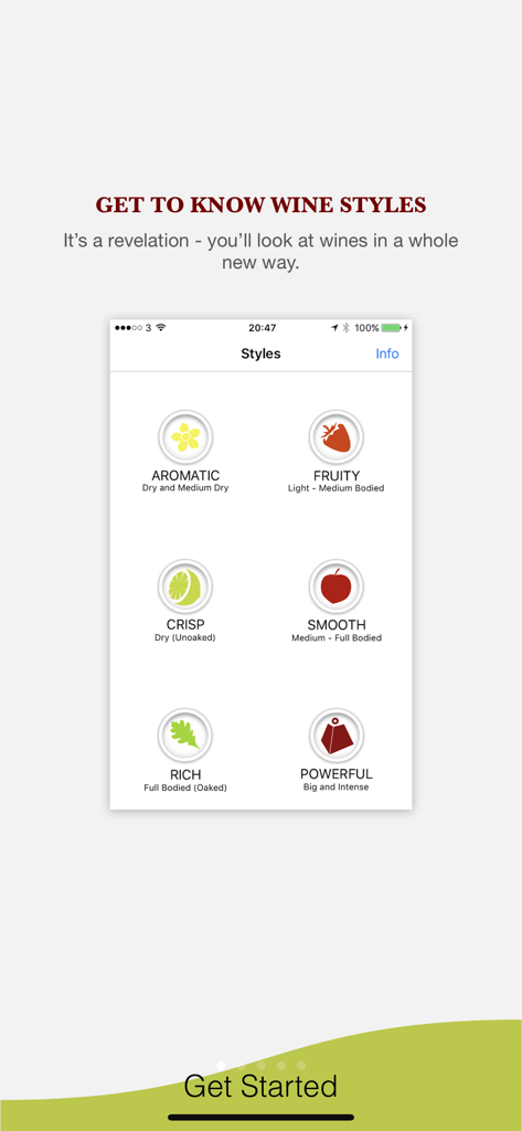 Tela do aplicativo Pocket Wine mostrando ícones visuais para diferentes estilos de vinho como aromático frutado crocante suave rico e encorpado
