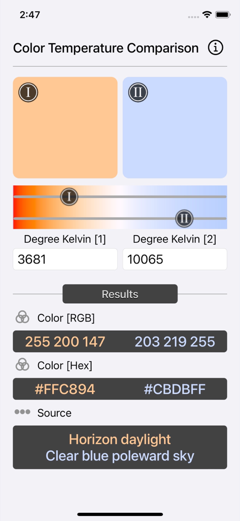 Comparação lado a lado de duas temperaturas de cor em Kelvin com seus valores RGB e HEX correspondentes.