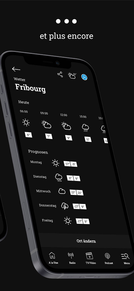 Frapp - Die Oberfläche der Frapp-App zeigt die Wettervorhersage für Freiburg im Dark Mode an.