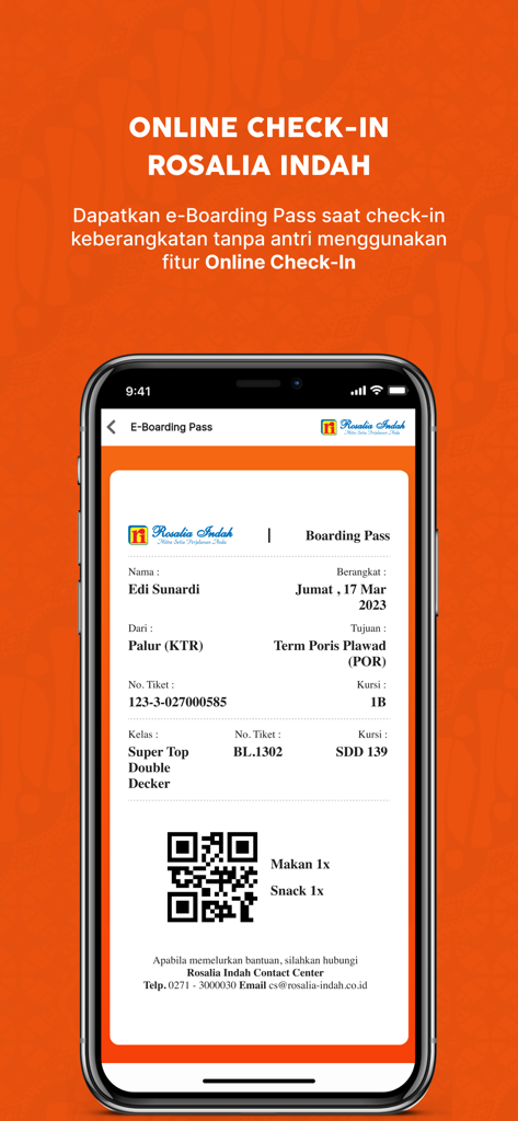 スーパー トップクラスのバスチケットのe-ボーディングパスを表示するRosalia Indahモバイルアプリ。