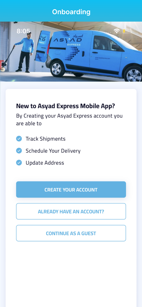 ASYAD Express - Onboarding screen of the Asyad Express mobile app featuring account registration options and a delivery van image.