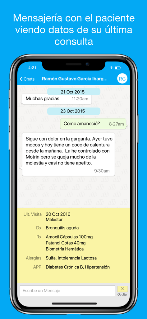 DataHealth - Pantalla de aplicación móvil mostrando un chat de paciente y un resumen del historial médico que incluye diagnóstico y prescripciones.