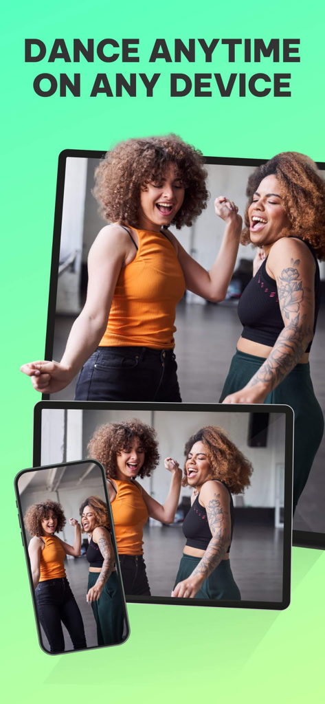 Two women dancing shown on a phone tablet and computer screen for the Dancefitme app