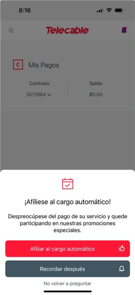 Pantalla de la aplicación móvil de Telecable mostrando una ventana emergente para inscribirse en el pago automático.