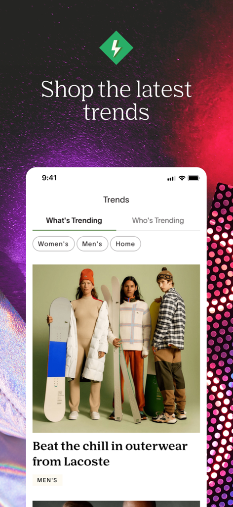 ShopStyle app interface displaying trending fashion and Lacoste winter outerwear