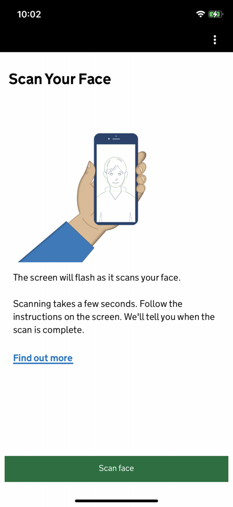 Interface of the UK ETA app showing instructions for the facial scan biometric verification step