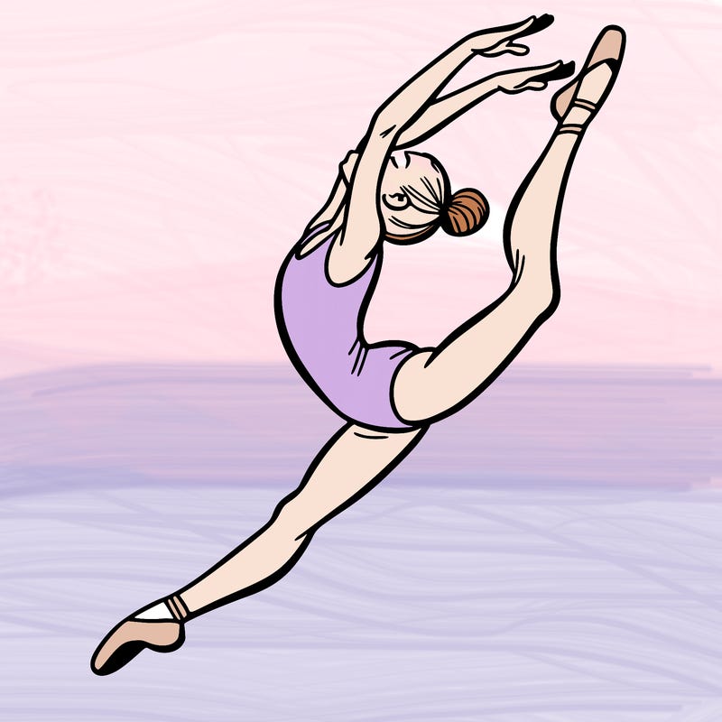 gymnast doing a leap in a leotard with a bent back leg