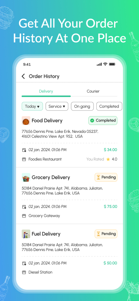 Fox-Delivery Anythingアプリの注文履歴画面。フード、食料品、燃料配送の注文履歴とステータス更新が表示されています。