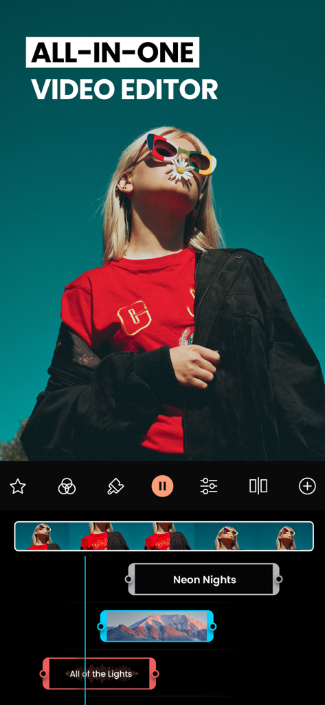 Interface de edição de vídeo móvel VidLab mostrando uma linha do tempo de várias faixas com clipes de vídeo, texto e áudio.