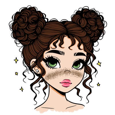 realistic girl with curly space buns