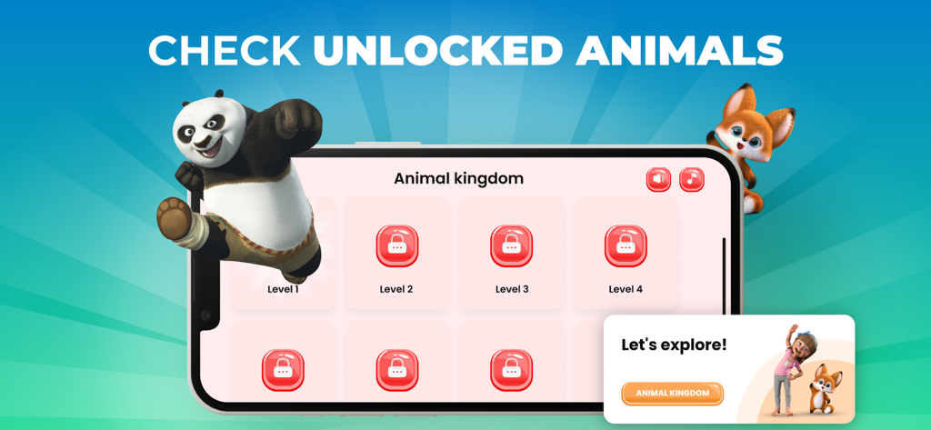 Kids Workout: Exercise at Home - Kids Workout app screen showing Animal Kingdom levels to unlock with cartoon panda and fox characters