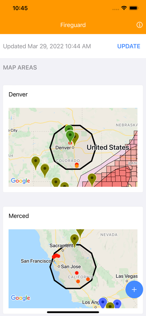 Fireguard Wildfire Tracker - Fireguard app interface displaying wildfire monitoring map areas for Denver and Merced