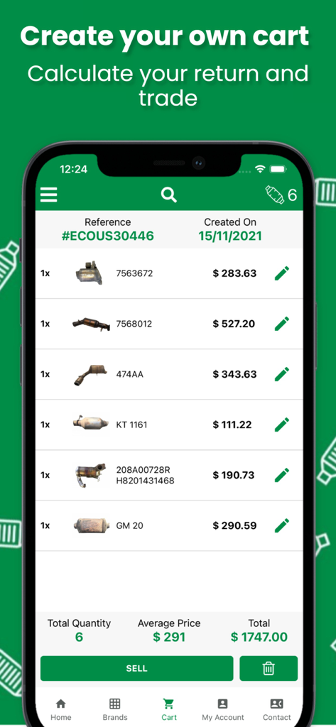 Eco Cat App shopping cart screen showing a list of catalytic converters with their market prices and total trade value