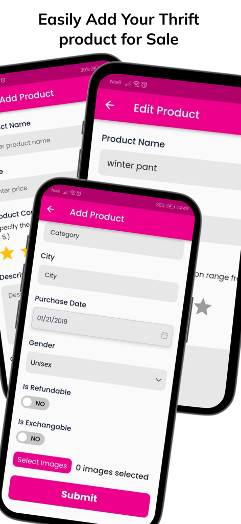 Thrift Store Nepal - Mobile application screens for adding and editing preloved items to sell on Thrift Store Nepal