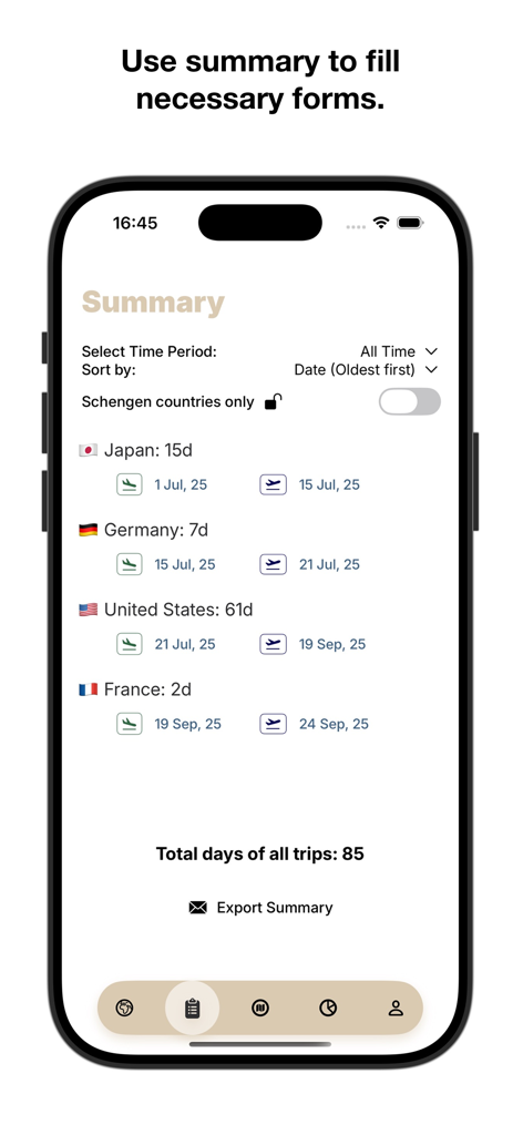 Schermata di riepilogo dell'app TraviGo che mostra la cronologia dei viaggi per paese e la durata del viaggio per le richieste di visto