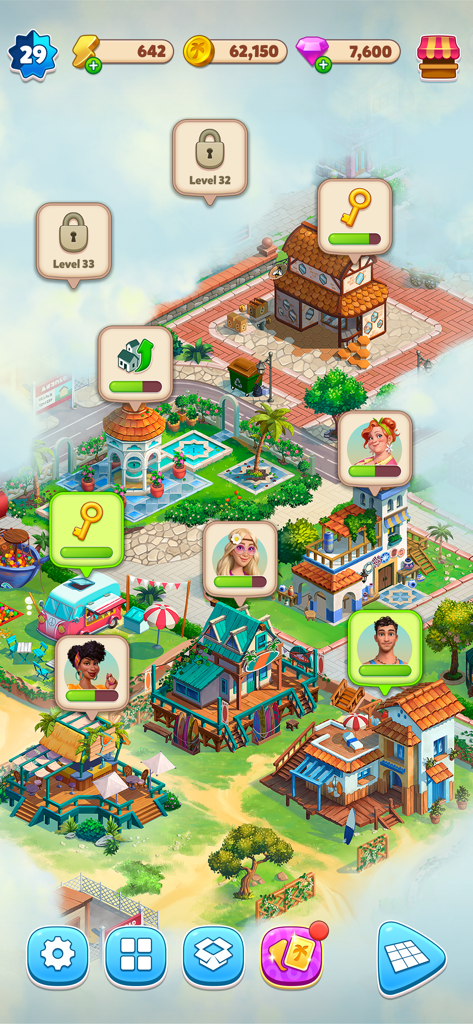 Overhead view of the colorful seaside village in Travel Town Merge Adventure showing unlocked buildings and character quests.