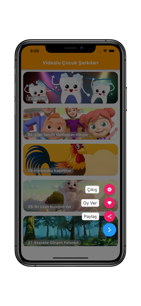 Videolu Çocuk Şarkıları - Benutzeroberfläche der App Videolu Çocuk Şarkıları, die eine Liste türkischer Kinderlieder-Videos anzeigt